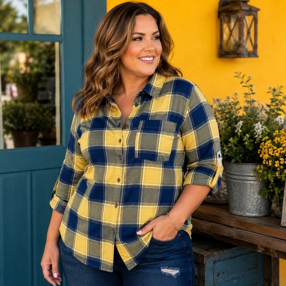 Love Women's 1X Plus Flannel Shirt Yellow/Navy Cabincore Cozy Camping Hiking